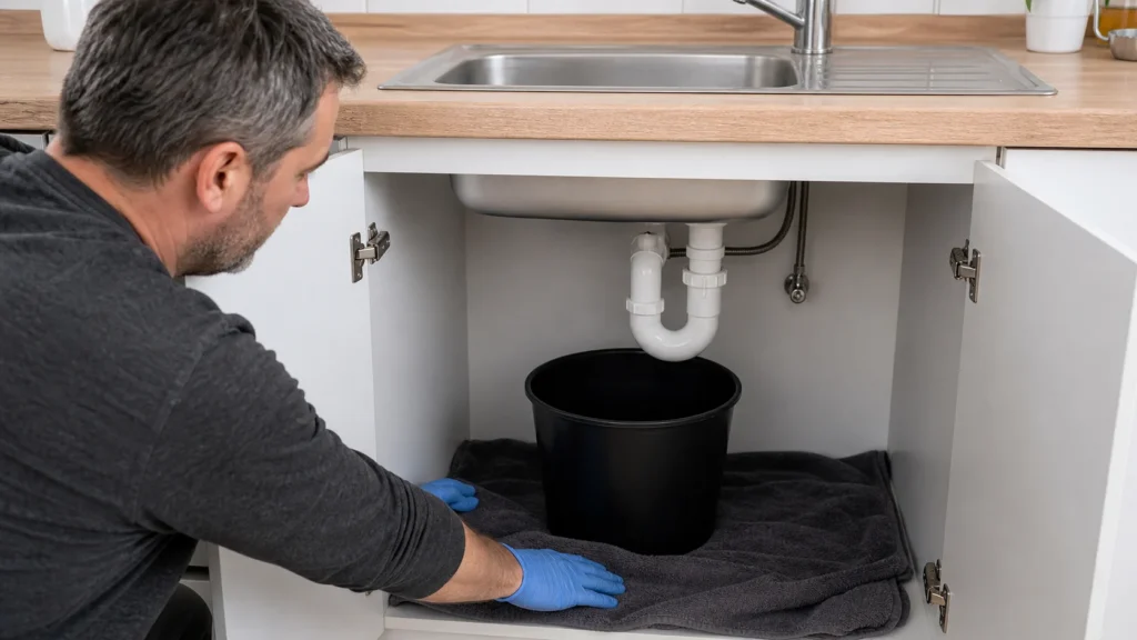 Place a bucket and a cloth under the siphon